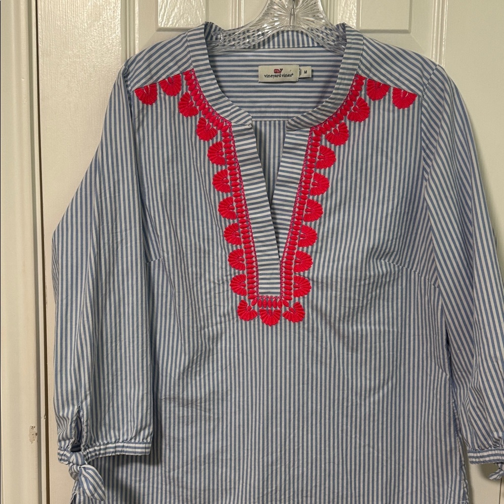 Vineyard Vines Blue Striped Tunic with Pink Embroidery